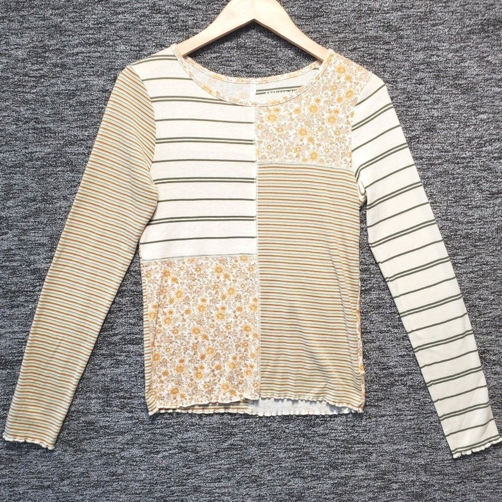 American Eagle Patchwork Top Womens Medium Floral Stripe Lettuce Edge Boho Indie